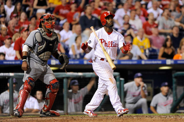 Phillies shortstop Jimmy Rollins hits a two run walk off home run in the bottom of the ninth inning against Cleveland on June 23, 2010.